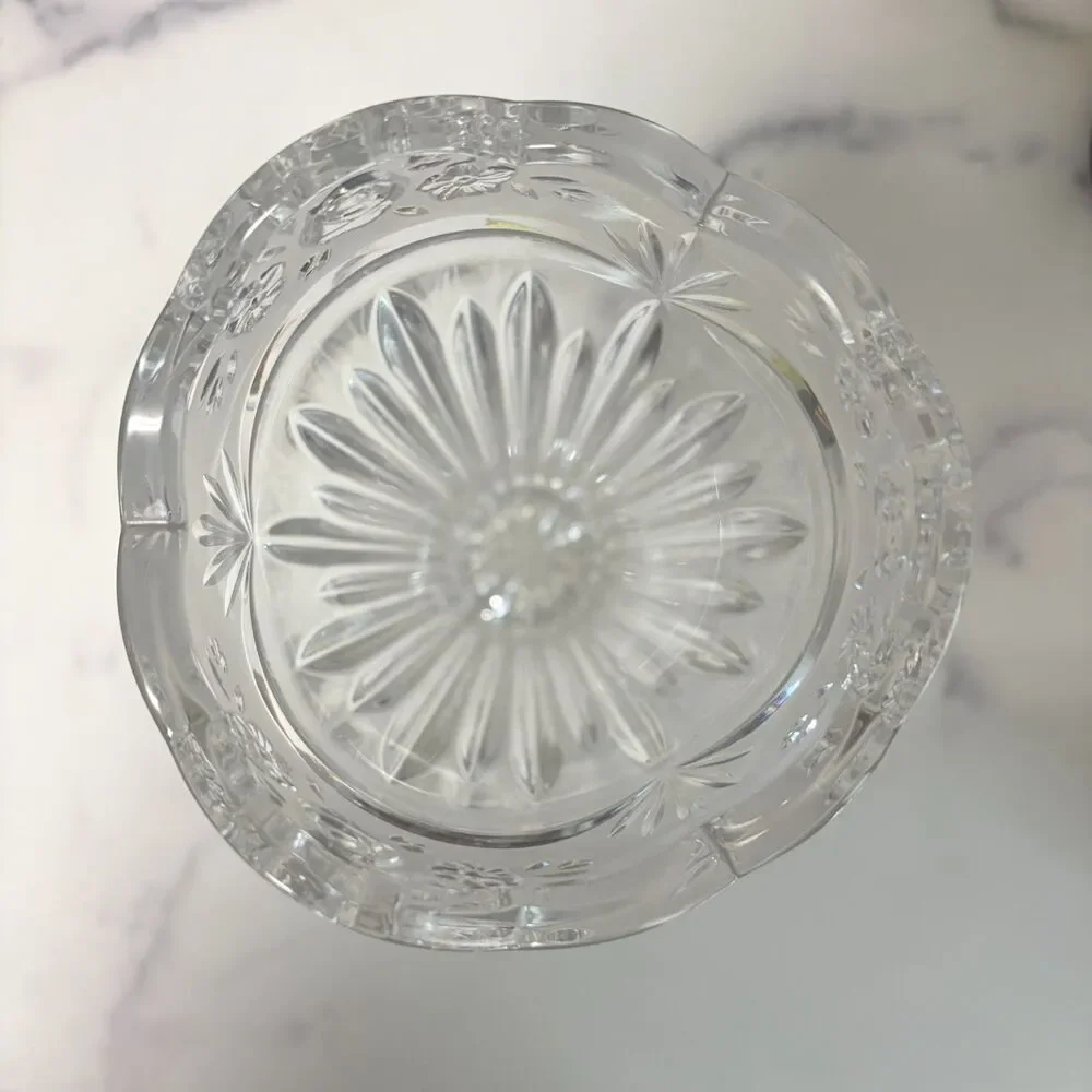 Heavy Clear Glass Vase Frosted Roses Scalloped Rim 10 in 4.3 lb